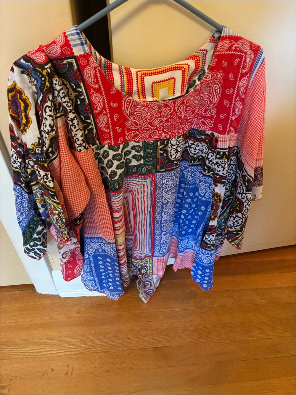 Boho Patchwork Bandana Tunic Top - Red & Blue